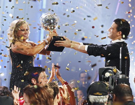 Winner Shawn Johnson and dance partner Mark Ballas celebrating her victory. Photo courtesy of AP.